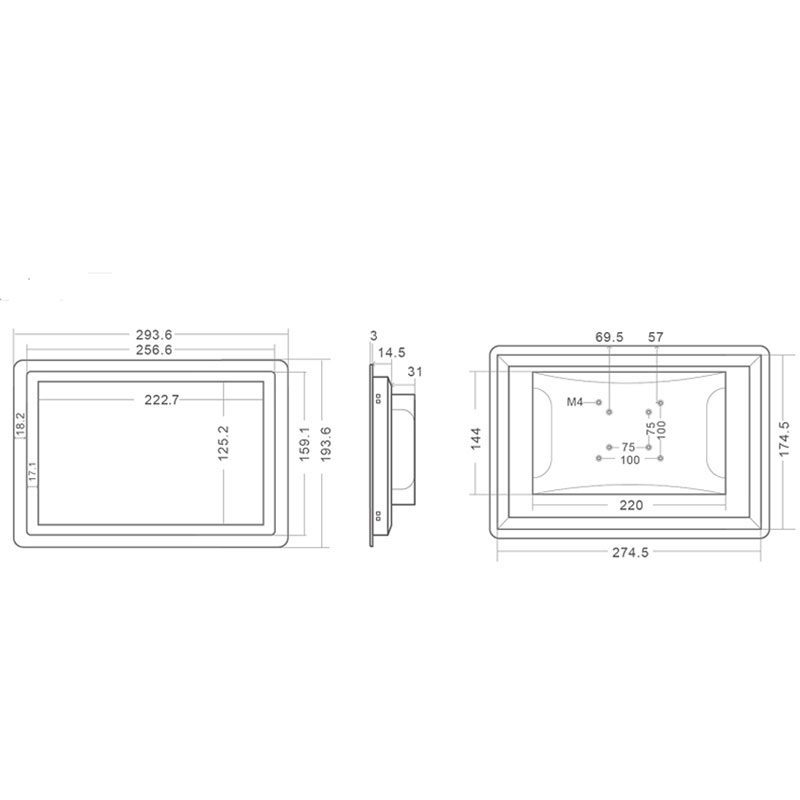 A drawing showing the dimensions of a rectangular box for GK-NWY-NT10F-AND 10" IP65 Android touch screen industrial embedded panel PC HMI for control automation. A drawing showing the dimensions of a rectangular box for GK-NWY-NT10F-AND 10" IP65 Android touch screen industrial embedded panel PC HMI for control automation.