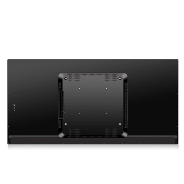 The back of a black laptop with a black cover featuring a GK-VR55 55" Android Large interactive touchscreen 4K HD display for Digital Signage, KDS & More.