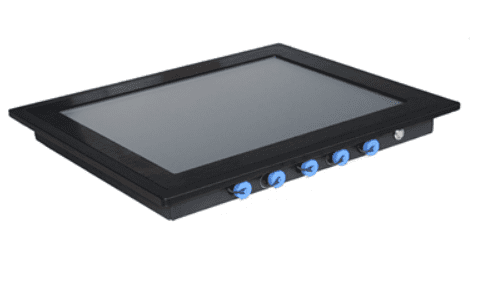 A black GK-HMI-WIN-IP67-21 21-inch IP67 waterproof Windows Industrial Panel PC HMI with blue buttons.