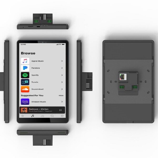 An GK-YCSM08P-SON 8-inch Android 11 PoE in-wall flush mount or US gang box mount tablet PC with a speaker attached to it.