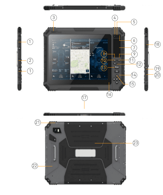 A diagram showing the parts of a 10.1" Rugged Multi-function Mobile Computer with an integrated Android operating system. A diagram showing the parts of a 10.1" Rugged Multi-function Mobile Computer with an integrated Android operating system.