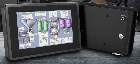 A GK-N703WIN 7-inch Windows 10 industrial panel pc HMI IP65 waterproof high brightness touchscreen display with a black lcd screen and display.