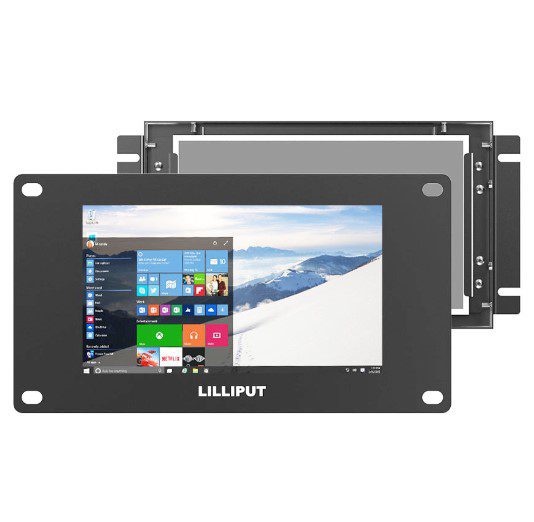 An embedded 7 inch industrial open frame touch monitor displaying a windows desktop screen.