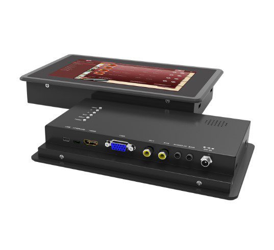 Digital mixer with a 7 inch industrial touchscreen sunlight readable 1000 nits monitor on top of a rackmount audio interface.