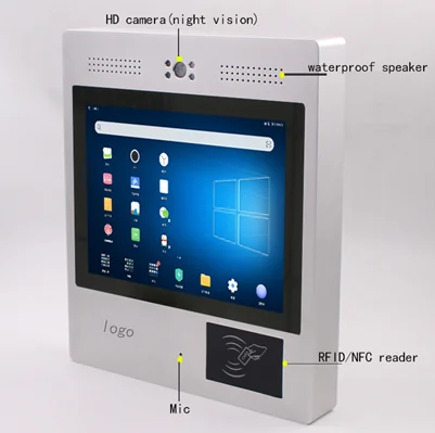 Interactive digital terminal with camera, waterproof speaker, rfid/nfc reader, microphone, and Android building intercom system.