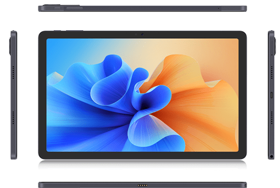 Tablet with colorful display and side views.