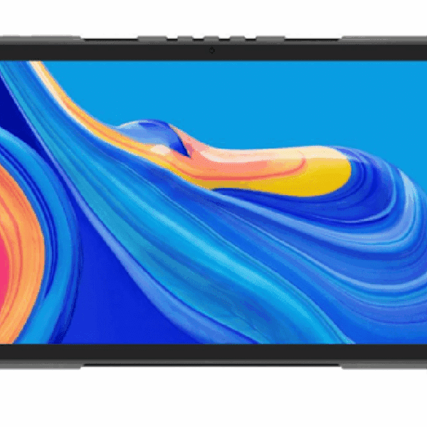 Tablet displaying colorful abstract wave design.